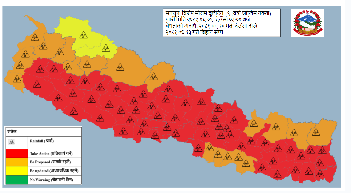 आइतबारसम्म भारी वर्षा हुने, ५६ जिल्ला रेड अर्लटमा